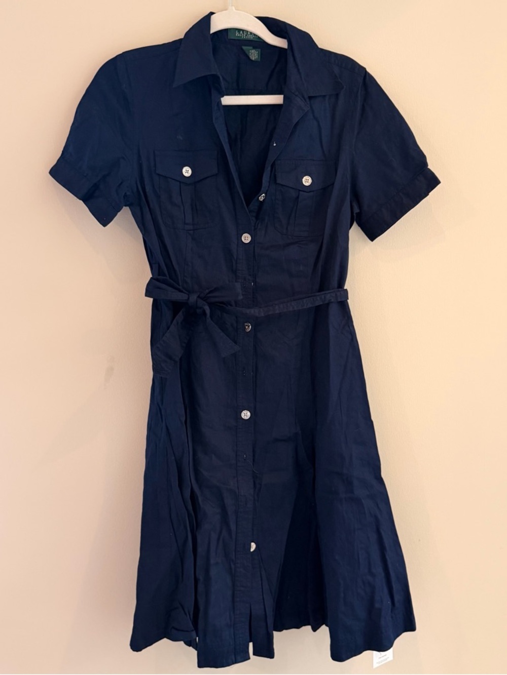 Ralph Lauren Navy Short-Sleeve Shirt Midi Dress with Belt and pockets